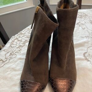 Soft and supple dark brown suede bootie w/snakeskin accents  from Sofft  size 10